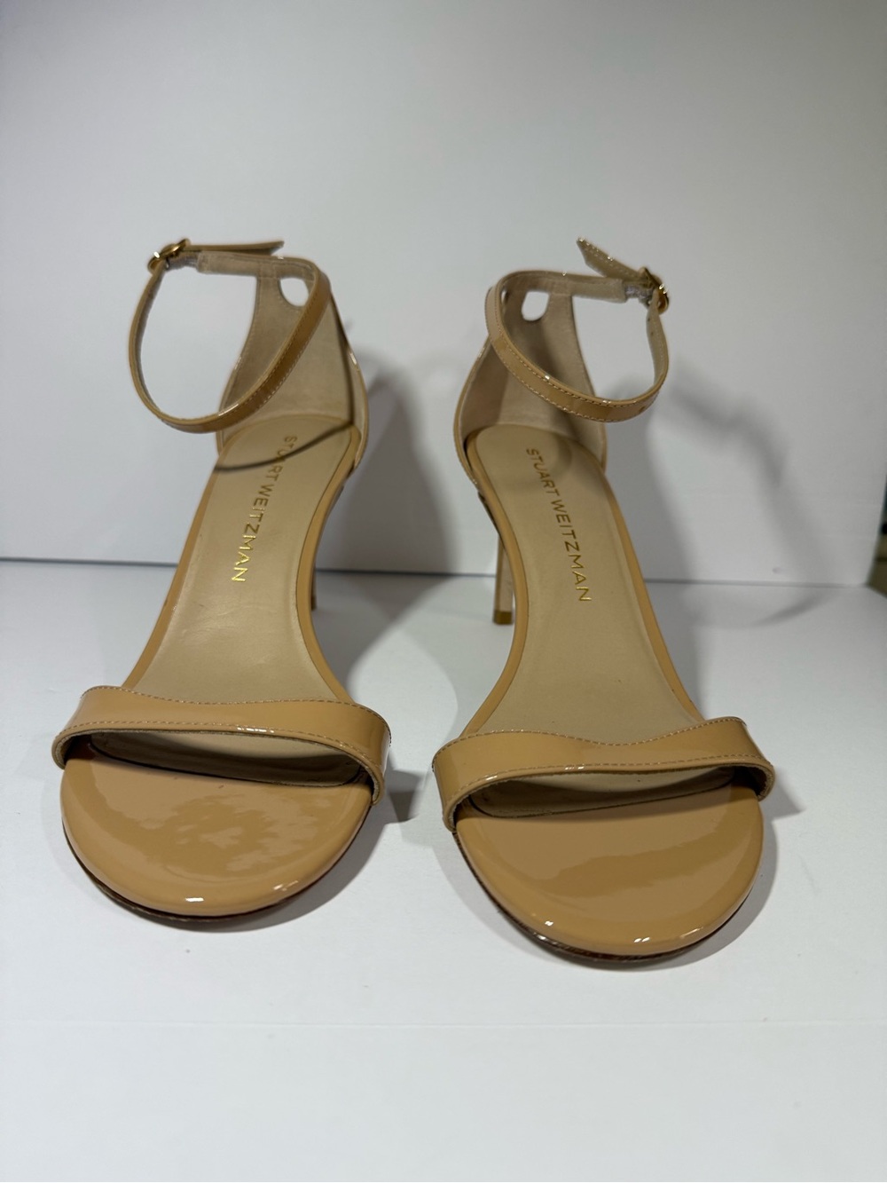 Stuart Weitzman Beige Patent Ankle-Strap Heels size7.5